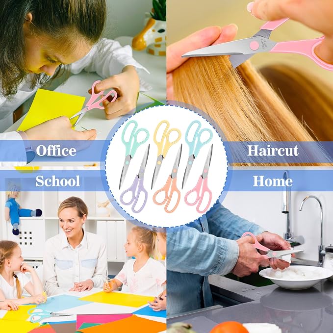 6 Pcs 8” Scissors, Sharp Stainless Steel Comfort Grip for Everyday Use | Right/Left Hand, All Purpose Scissor for Office Home School Craft Sewing Fabric Supplies, High/Middle School Student Teacher