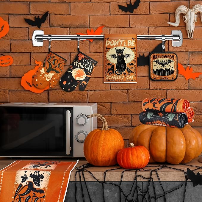 SiliFine 12 Pcs Halloween Kitchen Towels Oven Mitts Pot Holders Set | Skull Raven Owl Witchy Ghost Print, Kitchen Accessories for Cooking Baking, Gothic Home Decoration, Halloween Party Supplies