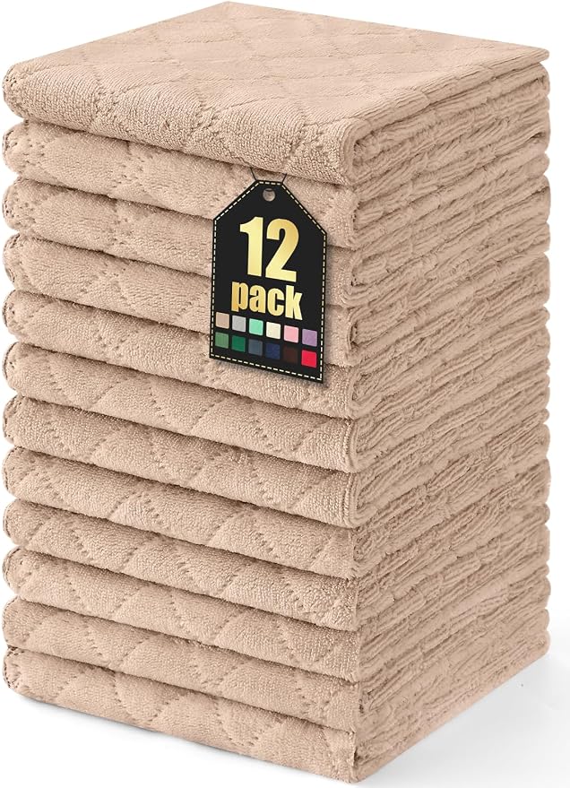 Homaxy 12 Pack Super Soft Absorbent Dish Cloths, 13" x 19", Tan | Coral Velvet, Nonstick Oil Fast Drying Microfiber Cleaning Cloth, No Lint Dishcloths for washing and drying