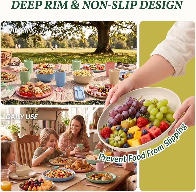 28 PCS Wheat Straw Dinnerware Sets Unbreakable Kitchen Plates and Bowls Set Camping Dish Set for 4 - Dinner Plates, Cereal Bowls, Travel Utensils Microwave & Dishwasher Safe (LightMulti)