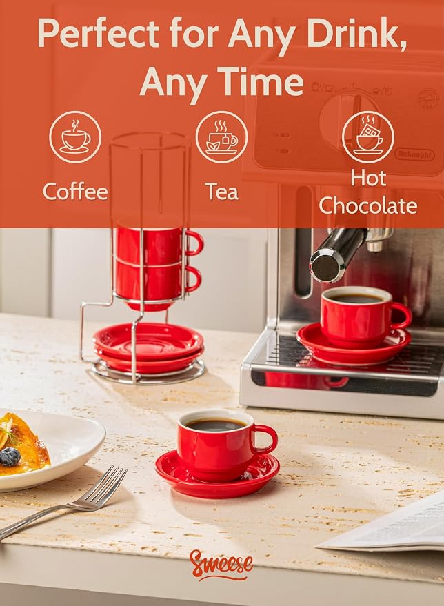 Sweese 2.5 Ounce Porcelain Stackable Espresso Cups with Saucers and Metal Stand Set of 4, Red