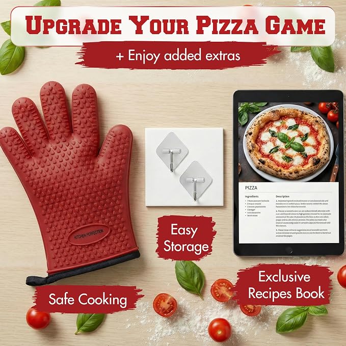 KITCHEN PERFECTION Silicone Pizza Oven Gloves - Heat Resistant Oven Mitts | Waterproof, 5-Finger Design For A Better Grip, for Outdoor & Indoor Pizza Ovens, Compatible with Ooni, Ninja, Gozney & More