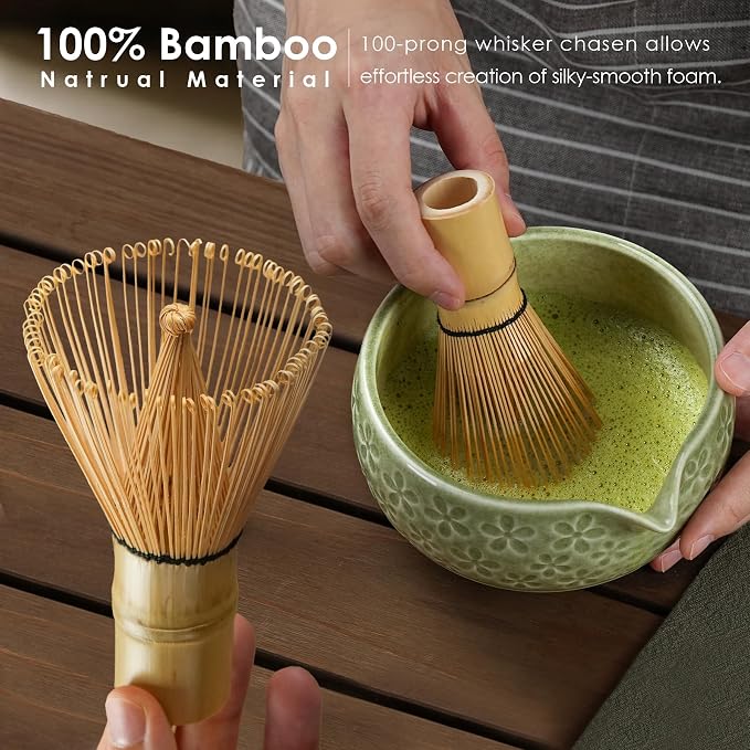7Pcs Matcha Whisk Set, Matcha Set Whisk and Bowl,Bamboo Scoop, Scoop Rest, Sifter and Tea Towel, Matcha Kit W/Carved Cherry Blossm Pattern for Matcha Lovers (Sakura Green) | Bamboo Scoop, Scoop Rest, Sifter and Tea Towel, Matcha Kit W/Carved Cherry Blo...