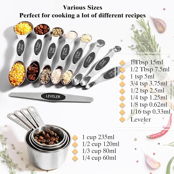 13pcs Stainless Steel Measuring Cups and Spoons Set, 8 Double-Sided Magnetic Measuring Spoons Set & 4 Metal Measuring Cups & 1 Leveler for Kitchen Dry & Liquid Cooking Baking