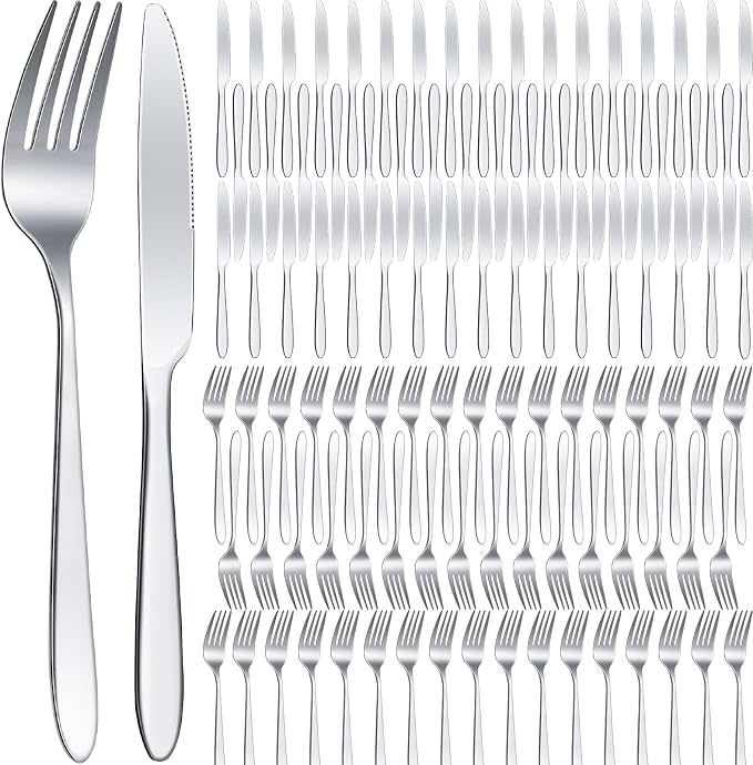 Nuenen 100 Pcs Stainless Steel Forks and Knives, Silver 8.4" 7.1" | Classic Dinner Flatware, Dishwasher Safe for Kitchen Restaurant, Butter Knife Silverware, Durable Tableware Set