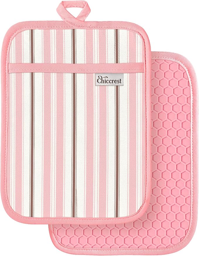 100% Cotton Pot Holders Textured Soft Silicone Pink Stripe | Stylish Pot Holders 2pcs, Machine Washable Non-Slip Heat Resistant Hot Pads & Oven Mitts 2-in-1, Practical Kitchen Decor