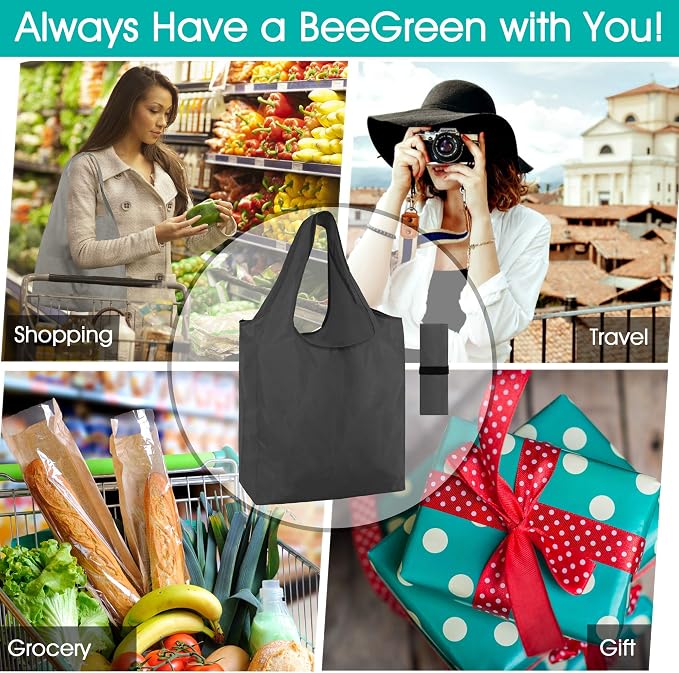 BeeGreen Black Reusable Grocery Bags Wholesale Dark Reusable Kitchen Bags Bulk Foldable-Machine Washable with Zipper Storage Pouch 50 Packs