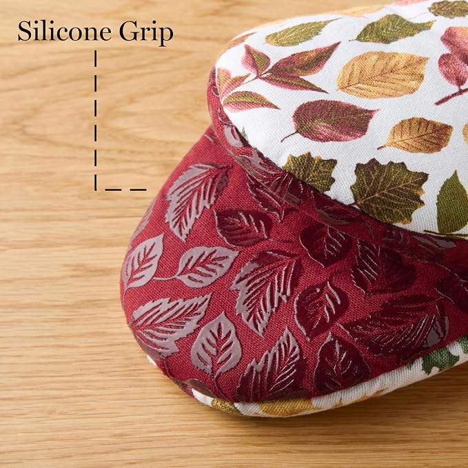 MARTHA STEWART Autumn Harvest Falling Leaves Mini Oven Mitt 2-Pack Set, 100% Cotton with Decorative Non-Slip Silicone Grip, Heat Resistant, Tan/Red/Green, 5.5"X8"