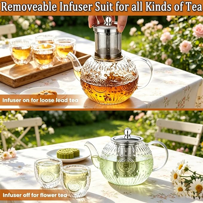 Amzcku 50OZ/1500ml Vintage Glass Teapot Set with 4 Cups, Teapot Set with Removable Infuser Stovetop Safe, Borosilicate Glass Tea Kettle for Blooming & Loose Leaf Tea