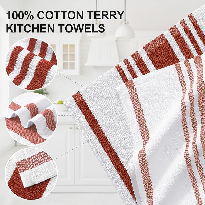 Homaxy Premium Cotton Stripe Kitchen Towels 8 Pack, 18"x 28", Rust | Large 380 GSM Kitchen Hand Towels, Soft Terry Dish Towels, Highly Absorbent Tea Towel Set with Hanging Loop