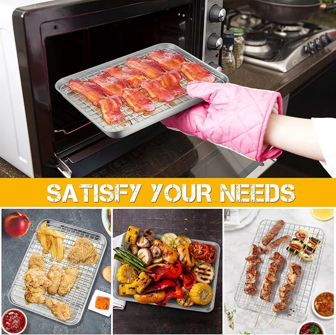P&P CHEF 9 Inch Toaster Oven Pan Tray with Wire Rack, 2 PCS | Baking Sheet Pan + Cooling Rack for Cooking/Roasting, Dishwasher Safe & Rust Free, Non-toxic & Sturdy