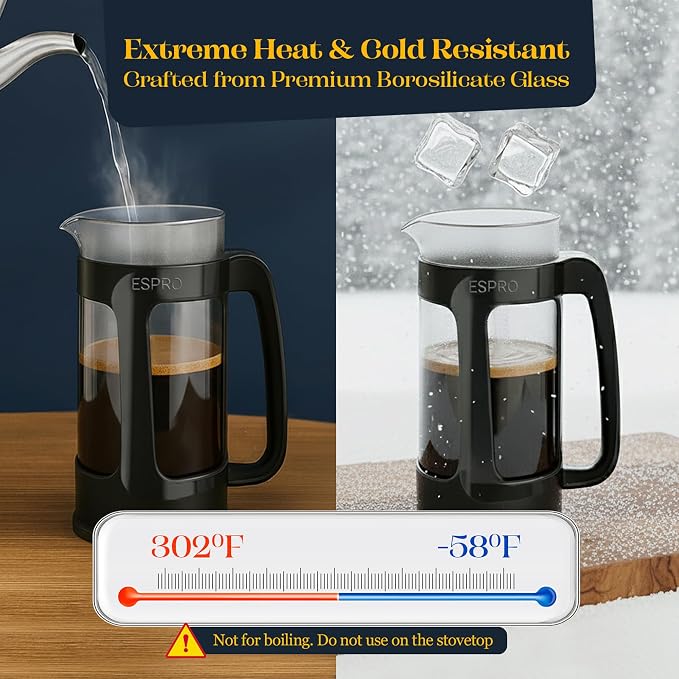 ESPRO P3 French Press Coffee Maker, 18 oz, Black, Double Micro Filter Press | Grit-Free Coffee Press, Thicker Borosilicate Heat Resistant Glass french press, Tea Press, Easy Coffee Brewer, Tea Brewer