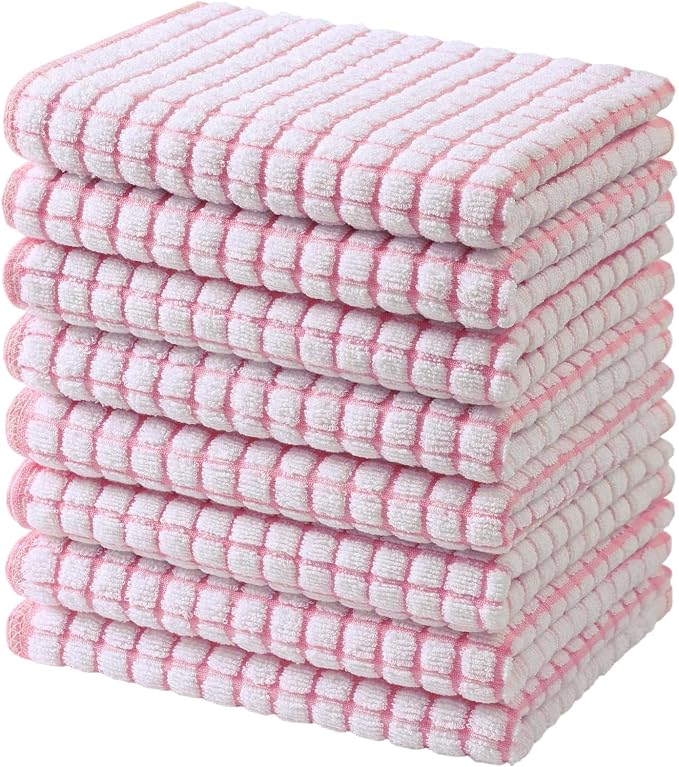 Mordimy Premium Cotton Kitchen Towels 16"x 25", Pink Check Design, 8 Pack | Super Absorbent Terry Kitchen Hand Towels, Large Natural Ring Spun 360 GSM Dish Towels, Soft Tea Towels with Hanging Loop
