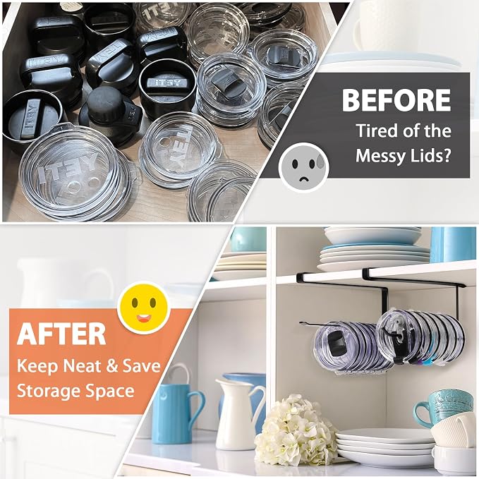 2 Pack Tumbler Lid Organizer, Versatile Storage Holds 20 Lids, Round&Flat | Space Saving Cup Lid Organizers Inside Cabinet Tumbler Lid Hook for Pantry Kitchen Organizer, Paper Towel Rack Hanger, Black