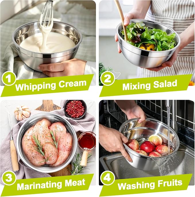 TeamFar Mixing Bowls, Stainless Steel Nesting Salad Bowls & Airtight Lids | For Serving/Mixing/Storing, Healthy & Long-lasting, Dishwasher Safe & Easy Clean, 4.6/3 / 1.5 QT, Colorful