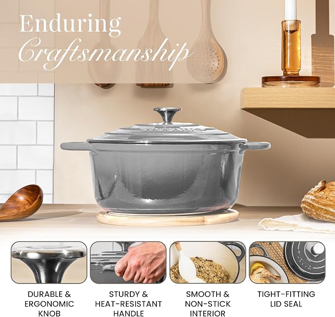 Nuovva Enamelled Cast Iron Dutch Oven Pot with Lid-6.4 Quart Non Stick Casserole Pot-Heavy Duty & Oven Safe up to 500° F for Bread Baking, Braising, Stews, Roasting - 28cm Grey