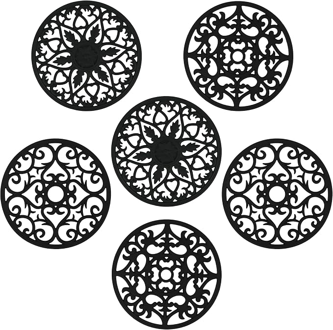Silicone Trivets Mats for Hot Pots and Pans, Multi Purpose Trivets Mat -Heat Resistant Silicone Trivet Intricately Carved Hot Pads Set of 6 (A: Style 1-Black)