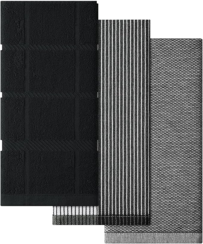 Homaxy 3 Pack Cotton Terry Premium Kitchen Towels, 18 x 28 in, Black | Large 380 GSM Dish Towels, Highly Absorben Flat & Terry Kitchen Hand Towels, Soft Utility Tea Towel Set with Hanging Loop