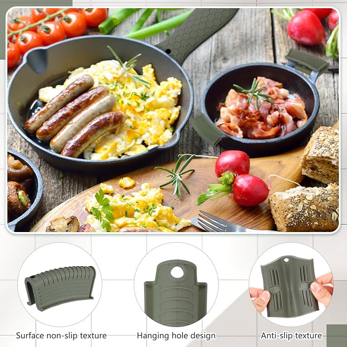 Patelai 8 Pcs Silicone Pot Holders Cast Iron Handle Cover Heat Resistant Pot Handle Covers Potholder Non Slip Reusable Pan Sleeve for Frying Pan Kitchen Supplies(Dark Color)