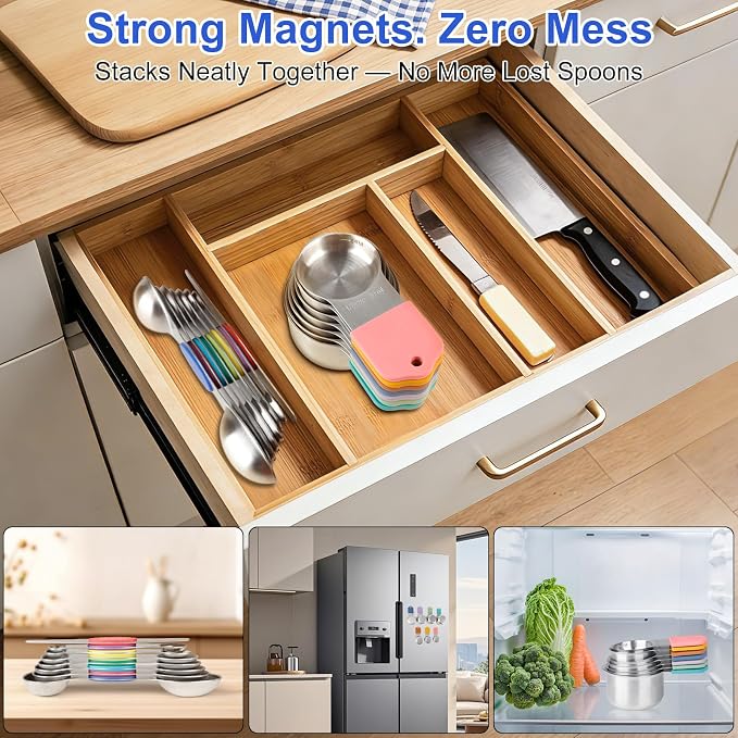 Magnetic Measuring Cups and Spoons Set, Strong N52 Magnets, Heavy Duty 304 Stainless Steel Fits in Spice Jars for Baking & Cooking, BPA Free, Round Set of 15 with Leveler Blackr, Light Colorful