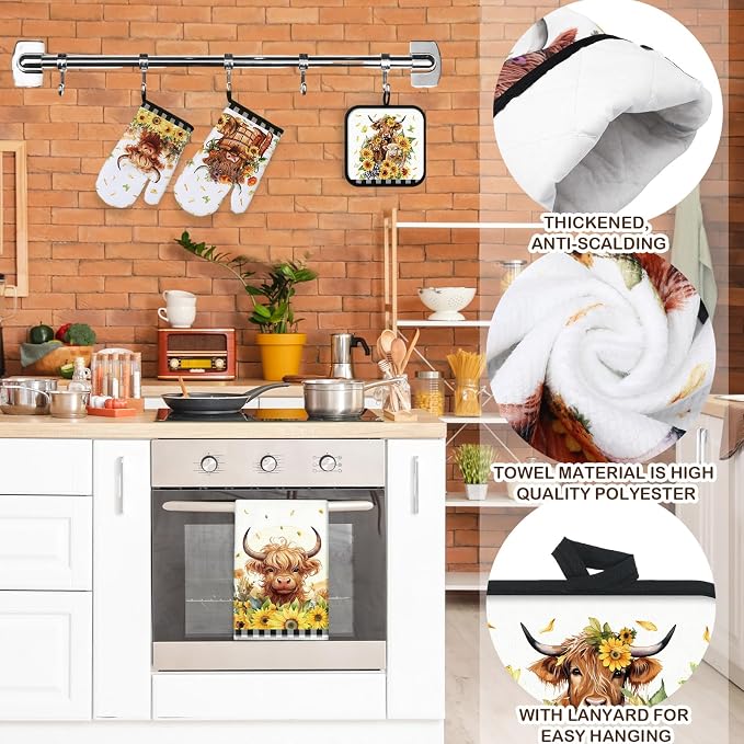 VitalCozy 8 Pcs Highland Cow Kitchen Towels Pot Holders Oven Mitt Set Absorbent Highland Cattle Dish Towels Square Potholders Watercolor Heat Resistant Glove for Home Cooking Baking Gift(Sunflower)