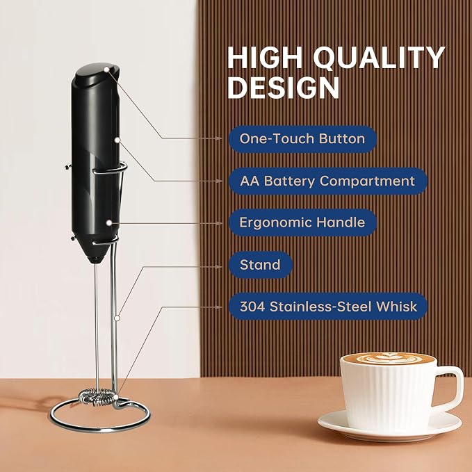 YSSOA Electric Milk Frother Handheld with Stainless Steel Stand Battery Operated Whisk Drink Mixer for Coffee, Frappe, Latte, Matcha, Hot Chocolate, Mini Hand Blender, Black