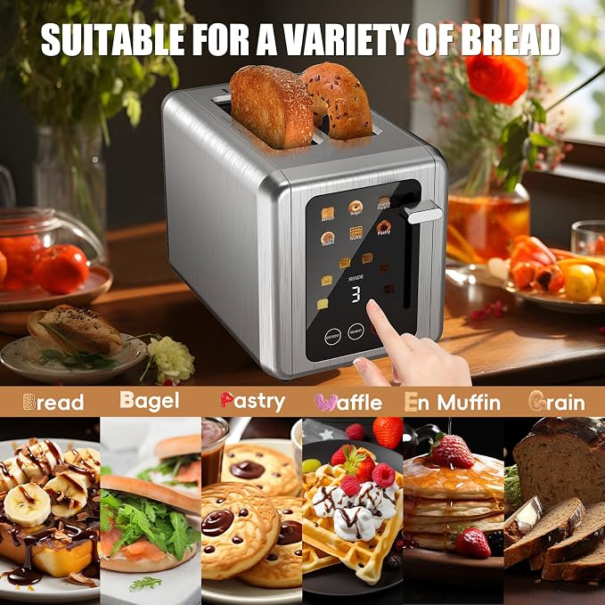 WUNLY 2 Slice Stainless Steel Smart Digital Timer Touch Screen Toaster | 6 Bread Types & 6 Shade Settings,Extra Wide Slots Toaster with Bagel,Defrost & Reheat Functions,Sound Function,Titanium
