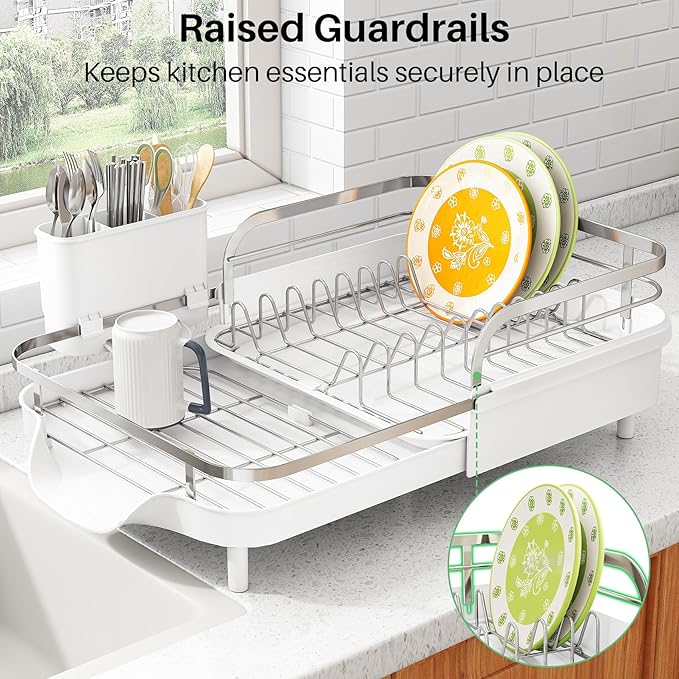 SAYZH Expandable Dish Drying Rack for Small Kitchen Counter, White | Stainless Steel, Protective Guardrail, Angled Drainboard, Fits High-Rim Sinks, Removable Utensil Holder