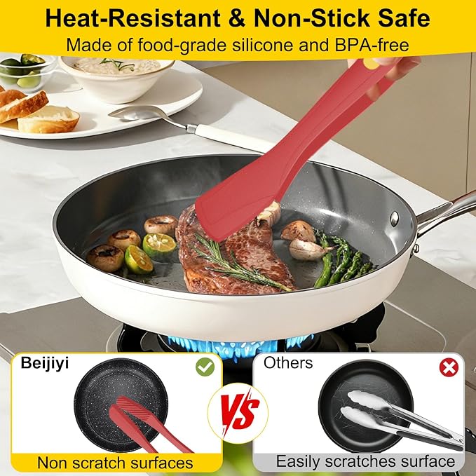 Beijiyi Silicone Kitchen Tongs for Cooking, 9" & 12", Heat Resistant (Red) | BPA-Free Silicone Tip, Non-Stick Safe, Stainless Steel Core, Food Tongs for Cooking, Serving and Grilling, Dishwasher Safe