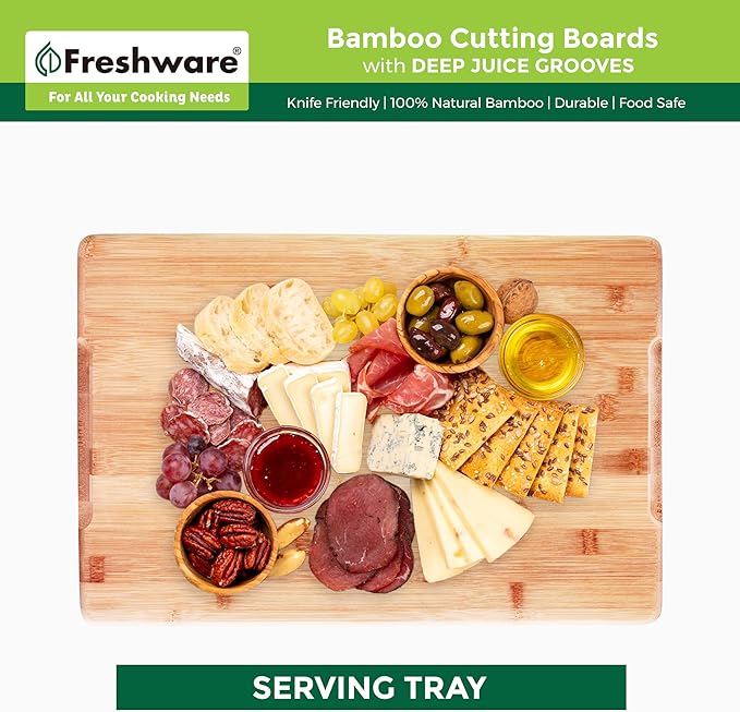 Freshware Wood Cutting Boards for Kitchen - Bamboo Cutting Board Set of 3, Cutting Boards with Juice Grooves, Serving Board Set, Chopping Board for Meat, Veggie, Easy Grip Handle (9x6", 12x8", 15x10")