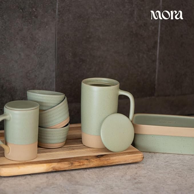Mora Ceramics Large Tea Mug with Loose Leaf Infuser and Ceramic Lid, 18 oz, Portable, Microwave, Dishwasher Safe, Tall Coffee Cup - Rustic Matte Ceramic Glaze, Modern Herbal Tea Strainer, Thyme