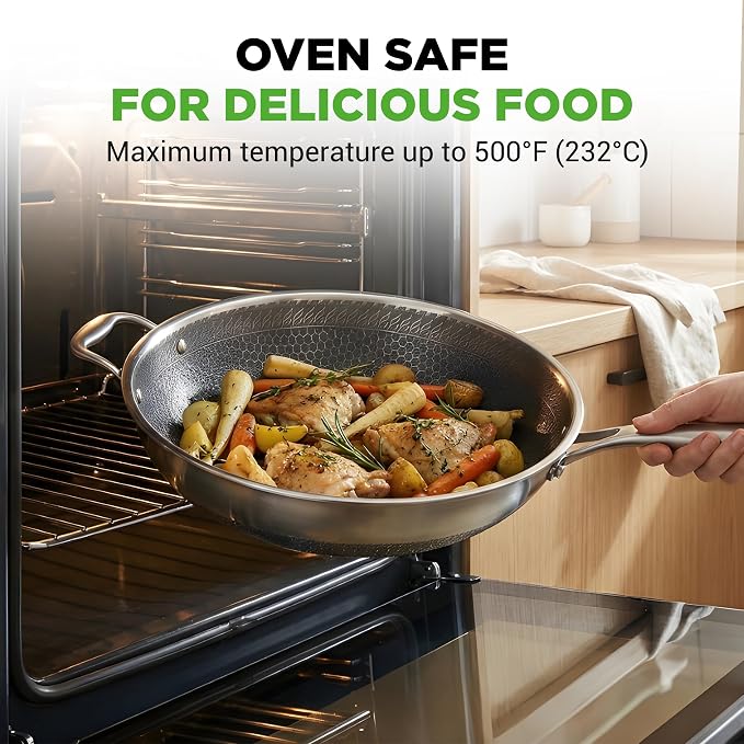 NutriChef 12" Stainless Steel Durable Wok - Triply Kitchenware Wok with Glass Lid, Side Handle - DAKIN Etching Non-Stick Coating, Scratch-resistant Raised-up Honeycomb Fire Textured Pattern