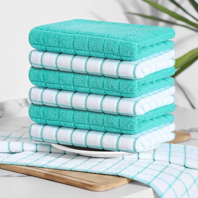 Homaxy Large Premium Cotton Kitchen Towels 16"x 28", 12 Pack, Aqua | Natural Ring Spun 390 GSM Dish Towels, Super Absorbent Terry Kitchen Hand Towels, Soft Tea Towels with Hanging Loop