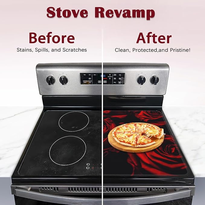 Rose Stove Top Cover for Electric, Abstract Red Rose and Black Leaves Glass Ceramic Stove Cover, Heat Resistant Flat Stovetop Protector, Dish Drying Mats for Kitchen