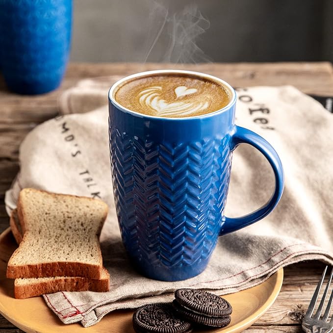 AmorArc 20 oz Large Coffee Mugs Set of 6, Blue Ceramic Tall Coffee Cups | 3 Assorted Designs, Embossed Ceramic Coffee Mugs with Large Handle for Coffee/Tea/Cappuccino, Dishwasher&Microwave Safe