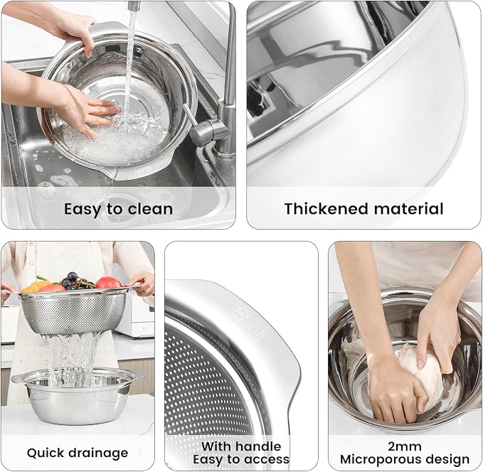 Paoli 304 Stainless Steel Fine Mesh Colander Set, 3.5QT Large Capacity Strainer with Mixing Bowl — Rinse Fruits, Veggies, Rice & Drain Pasta, Dishwasher Safe (2-Piece Gold)