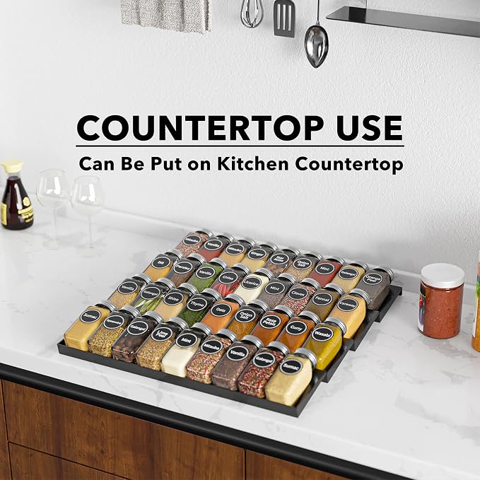 SpaceAid Spice Drawer Organizer with 36 Spice Jars, 386 Spice Labels, 4 Tier Seasoning Rack Tray Insert for Kitchen Drawers, 16.75" Wide x 17.5" Deep