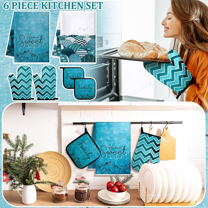 Bencailor 6 Pcs Boho Mountains Kitchen Towels Oven Mitts and Pot Holders Set Decorative Dish Towels Tea Washcloth Non Slip Heat Resistant Oven Gloves for Summer Home Cooking Baking, Turquoise