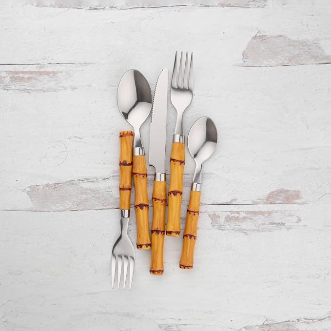 Cambridge Bamboo Plastic Handle 20-Piece Silverware Set for 4, Flatware | silver, dishwasher safe | includes knives, forks, and spoons | heavy duty, cutlery set for kitchen and dining, utensil set