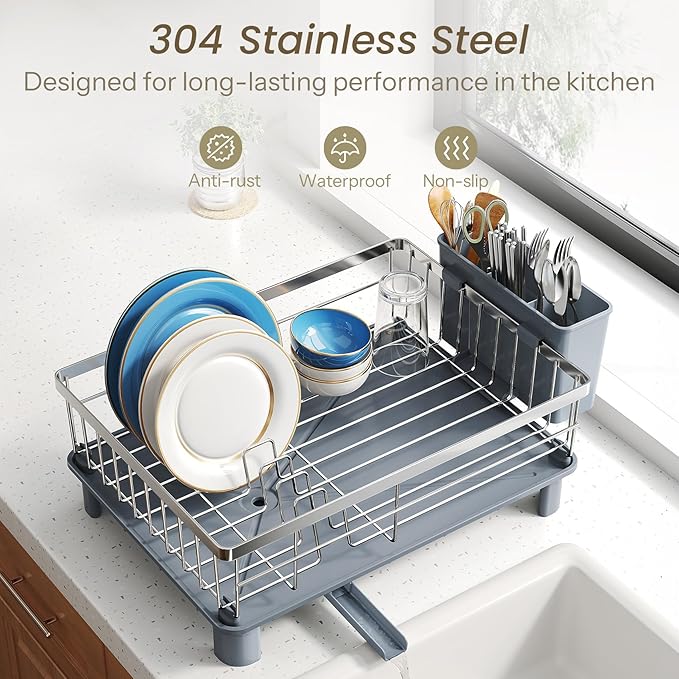 SNTD Dish Drying Rack for Small Kitchen Counter, 11" W x 15" L, Silver | Space Saving, Rotating Spout & Angled Drainboard for Quick Drainage, Stainless Steel, Removable Utensil Holder