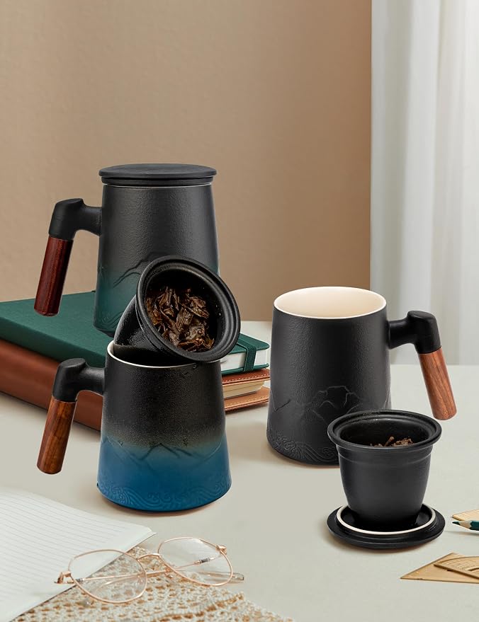 suyika Tea Cup with Infuser and Lid, Gradient Black & Blue, 15.2oz /450ml | Ceramic Mug, Wood Handle, For Loose Leaf Tea