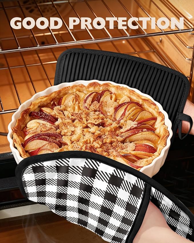 100% Thick Cotton Pot Holders Ribbed Soft Silicone Black Gingham | Stylish Pot Holders with Pockets, Ribbed Soft Silicone, Machine Washable Non-Slip Heat Resistant Hot Pads 2pcs, Kitchen Gift