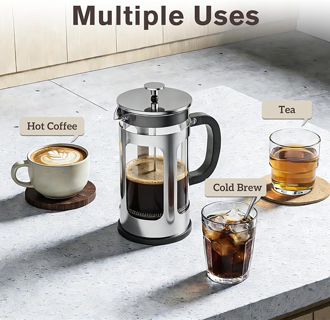 French Press Coffee Maker 34oz, Heat Resistant Thickened Glass Stainless Steel Brewer, Easy to Clean, 4-Level Filtration, Cold Brew Cafe/Tea Pot for Kitchen Camping Travel, Gifts, Bar
