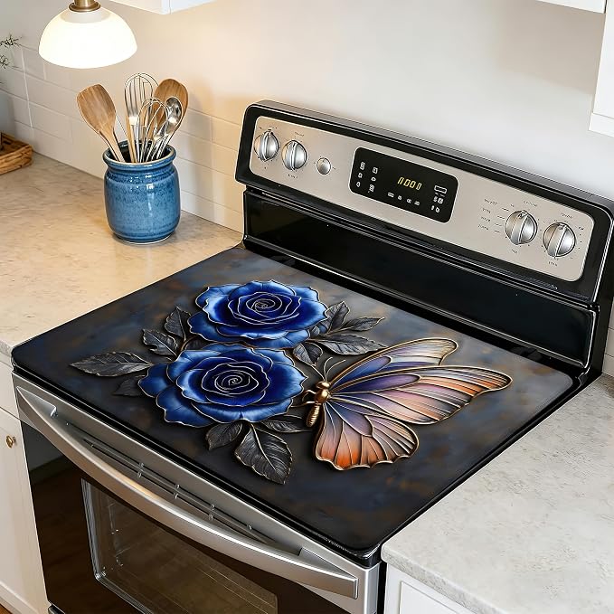 Stove Top Covers for Electric Stove,Blue Rose Flower Flat Top Stove Cover,Retro Butterfly Heat Resistant Glass Top Stove Cover Protector Anti-Slip Range Covers, 28 x 20 Inch
