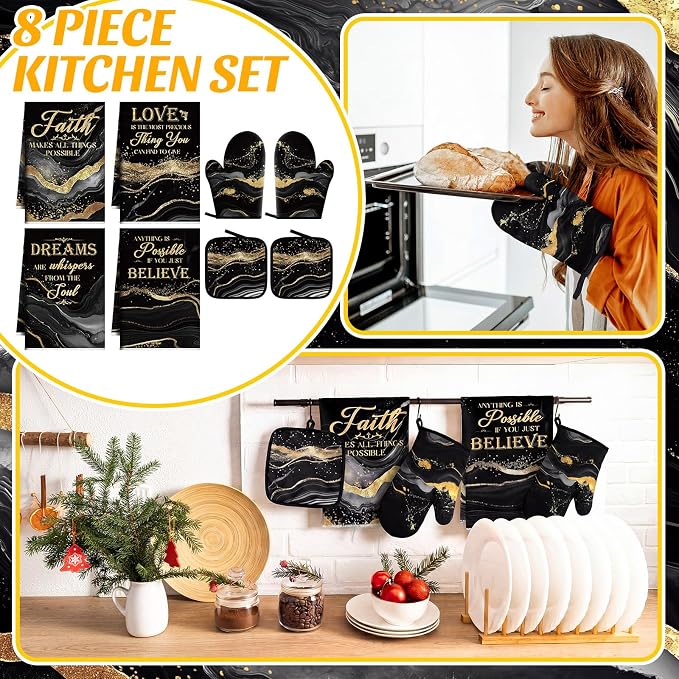 Leinuosen 8 Pcs Black and Gold Marble Kitchen Towels and Dishcloths Sets Oven Mitts and Pot Holders Absorbent Kitchen Gloves Potholders Heat Resistant for Chef Baking Cooking