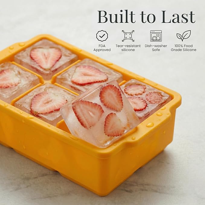 KitchFort® Large Silicone Ice Cube Tray (3-Pack) - 2" Big Ice Mold with Lid | Easy Release, Cocktail, Whiskey Ice Cubes Mold - Food Grade - Ice Cube Trays for Freezer - Stackable Silicone Ice Tray