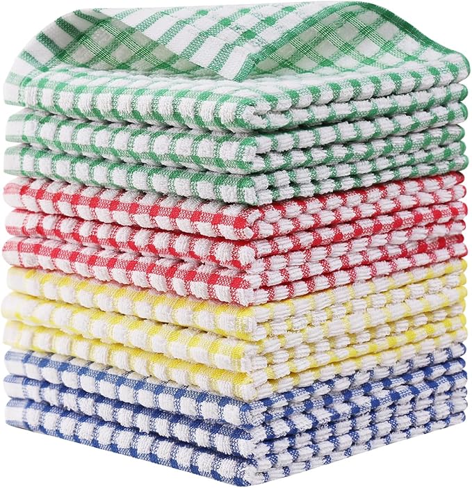 Egles 12 Pack 100% Cotton Kitchen Dish Cloths, 12 x 12 Inch Dishcloths | Absorbent terry dishcloths for washing dishes and counters; 4 colors help organize cleaning tasks