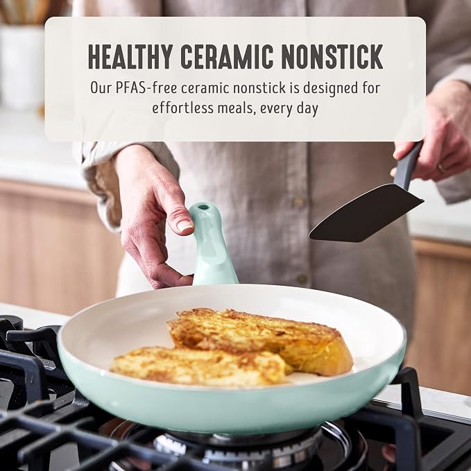 GreenLife 2 Piece (8" & 10") Ceramic Nonstick Skillet Set, Mint Green | PFAS-Free Nonstick Coating, Frying Pans, Omelet Pans, Everyday Pan, Induction Ready, All Stovetop Compatible, Dishwasher Safe