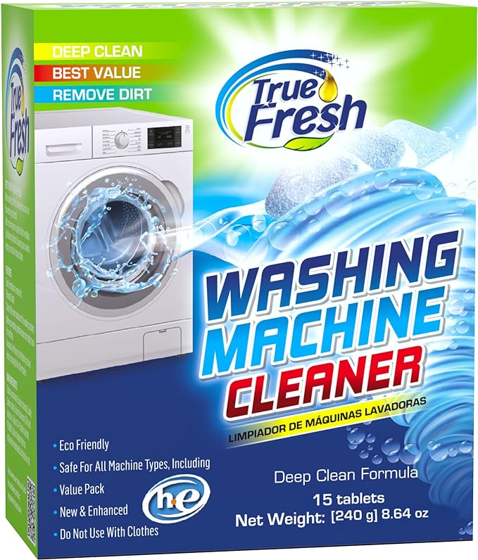 True Fresh Washing Machine Cleaner Descaler 15 Pack Tablets, Deep Cleaning Deodorizer for HE Front & Top Load Washers, Eliminates Odor Buildup Residue Grime, Cleans Drum Pump Valve Hoses Septic Safe,