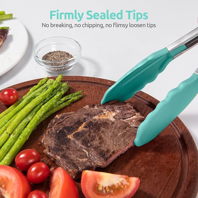 U-Taste Kitchen Tong for Cooking, 600ºF Heat-Resistant Tps, 9in/Aqua Sky | Rubber Tong for Serving Food, Salad/Grill/BBQ/Steak/Pasta Silicon Tongs, 18/8 Stainless Steel Handle & Smooth Locking